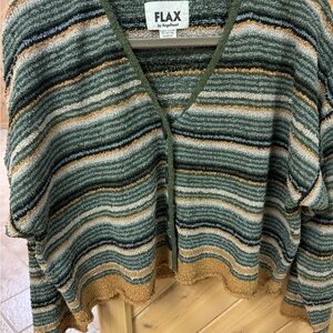 Flax Green and Brown V-Neck Sweater with Textured Knit